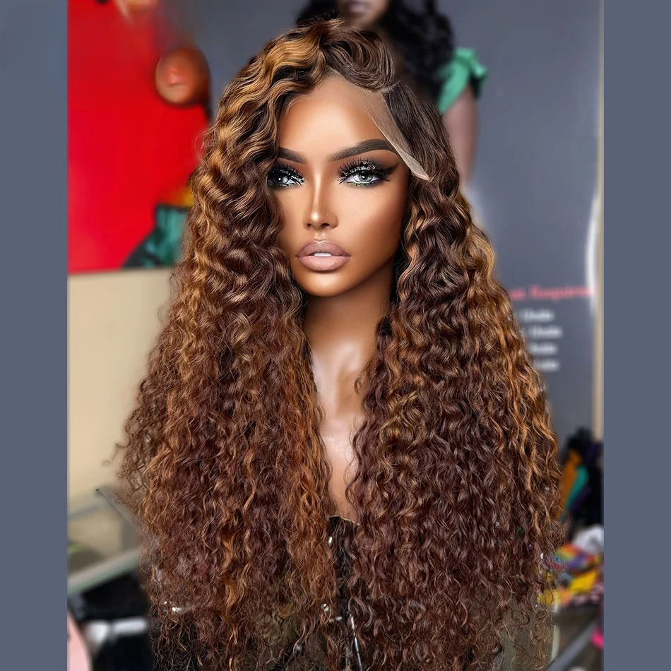 Highlight Brown 13x4 Water Wave Lace Frontal Wigs Transparent Lace Front Curly Human Hair Wigs HD Closure Wigs Wear And Go Glueless Synthetic Wig