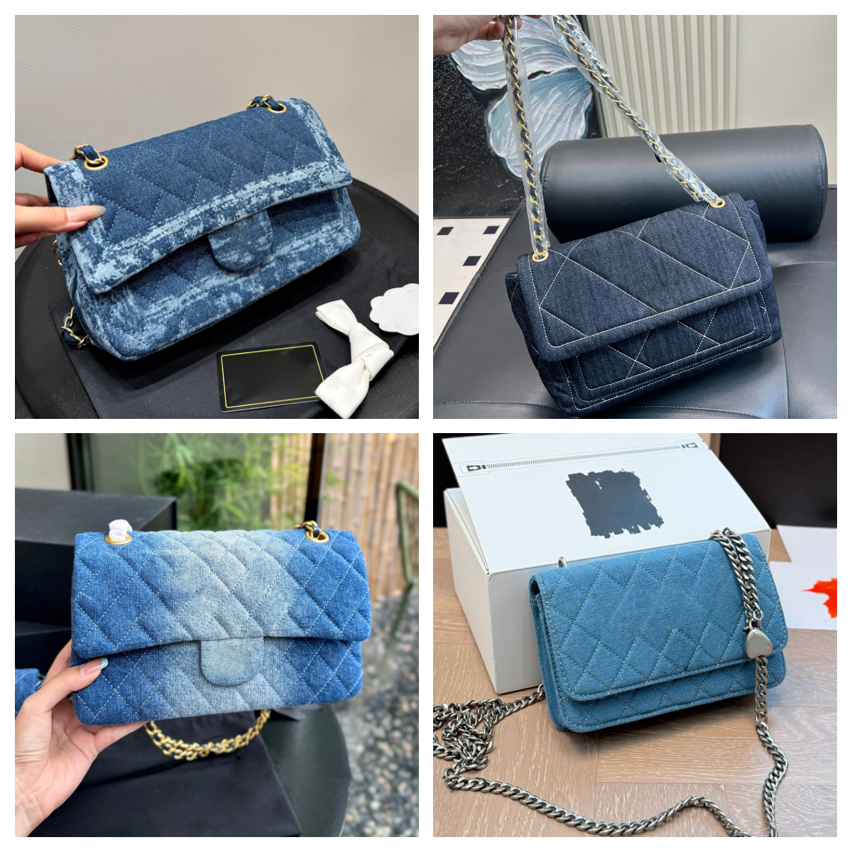 luxury designer denim bag Blue denim wallet Women's single-shoulder crossbody bag chain bag Classic flap messenger bag Fashionable retro designer denim handbag