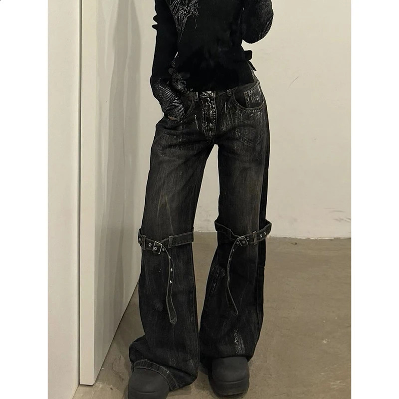 Black Womens Jeans High Waist Hip Hop Straight Fashion Pants Streetwear Harajuku Y2K Star Female Wide Leg Denim Trouser 250911