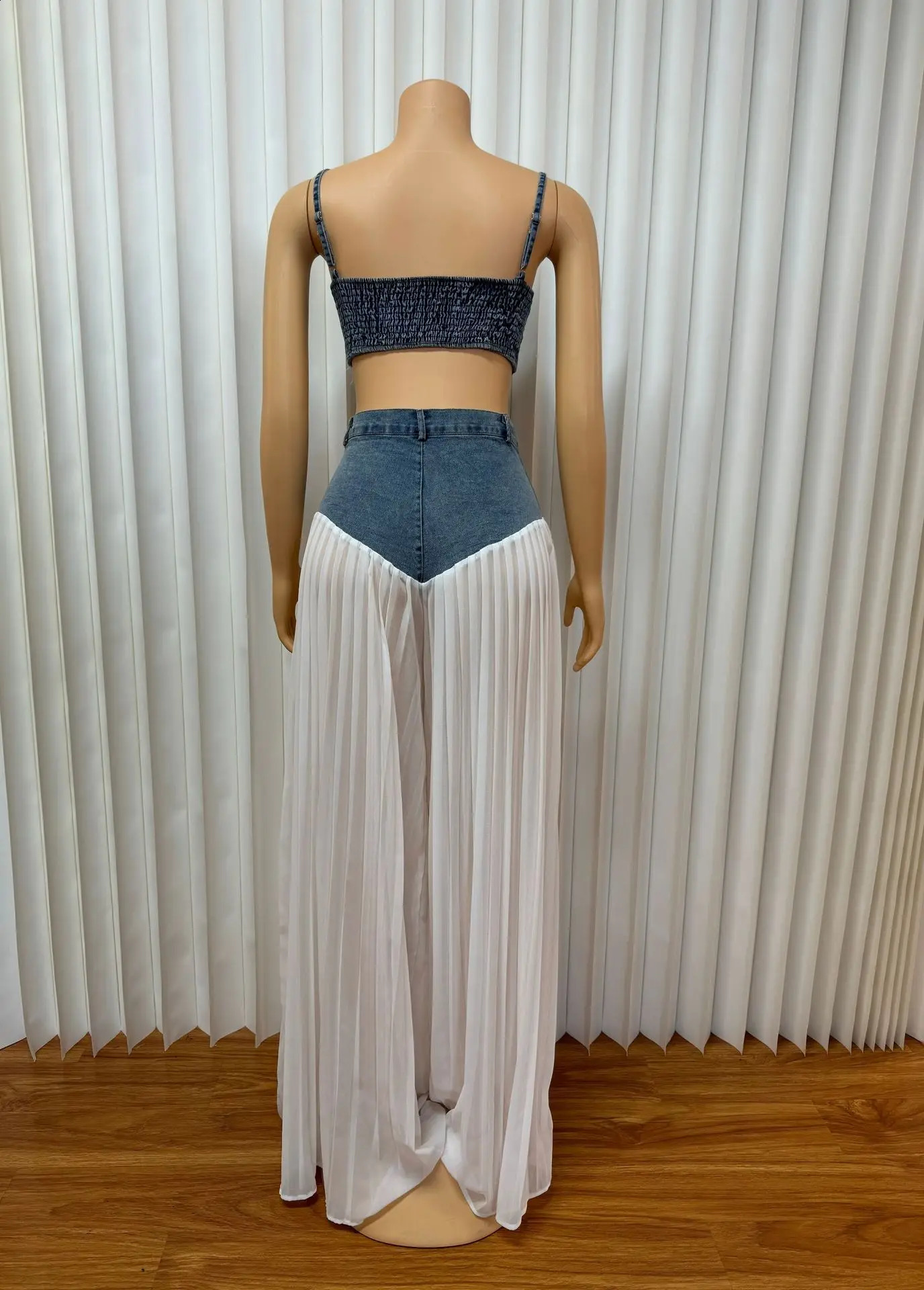 2 Piece Sets Women Sexy Denim Camisole Wide Leg Pants Patchwork Folds Slip Vest Floor Length Suit 2025 Summer Casual Outfits 250822