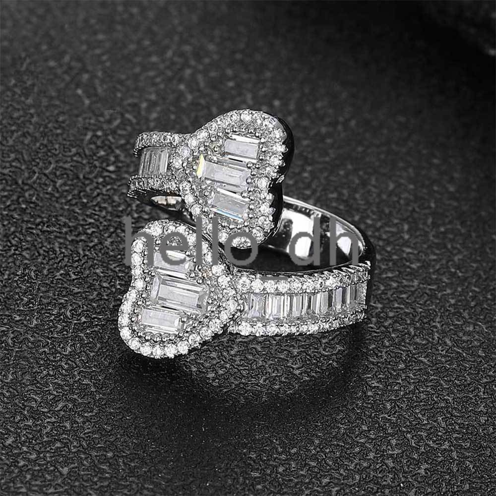 High Quality Iced Out Baguette moissanite Heart Shape Diamond Ring Double Heart Open Finger Ring