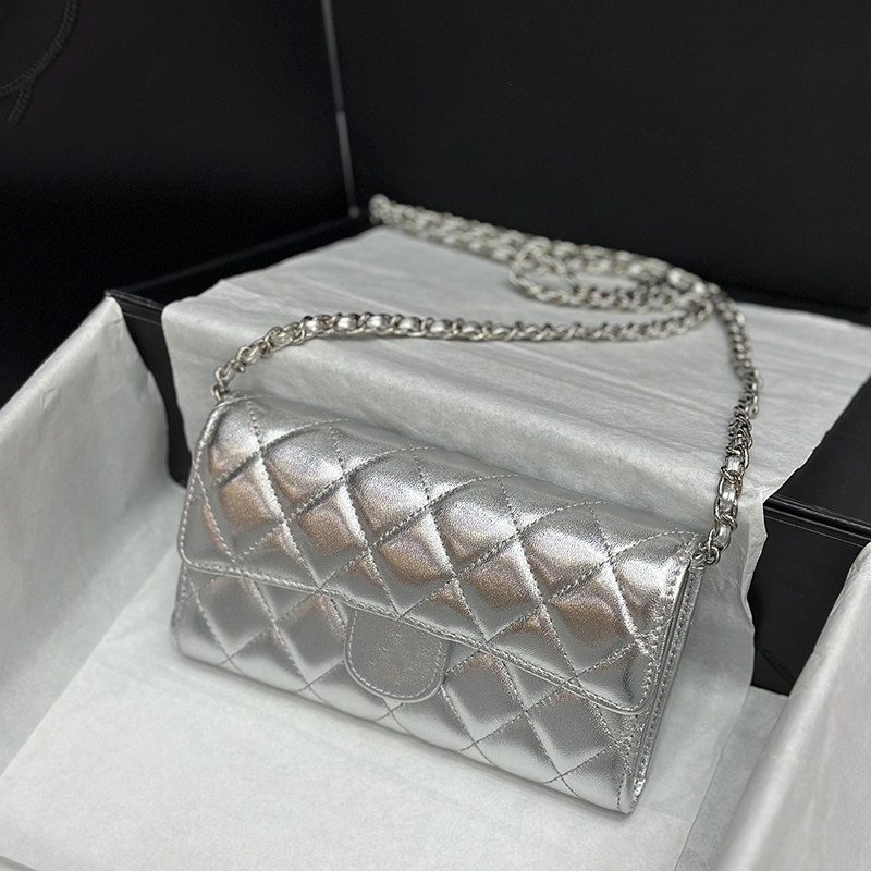 Caviar Calfskin Ladys Wallet Shoulder Bag Genuine Leather Checkered Pattern Gold Silver Metal Matelasse Chain Luxury Handbag Crossbody Card Holder Sacoche 18cm