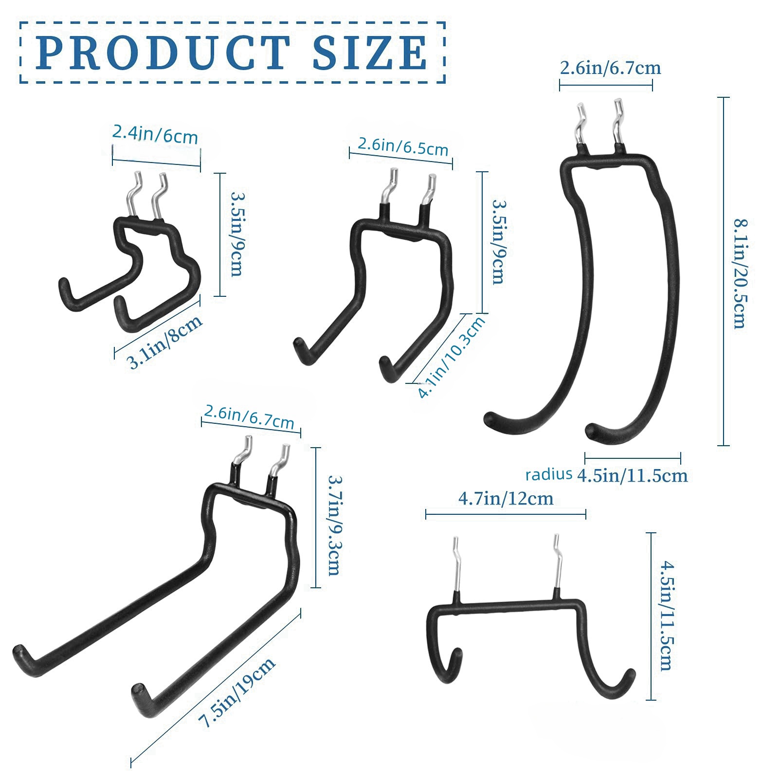 Perforated Board Garage Hooks for 1inch Pegboard Organize Tools Cables Chainsaw Hammer Power Drill Metal Double Hook Storage Solution