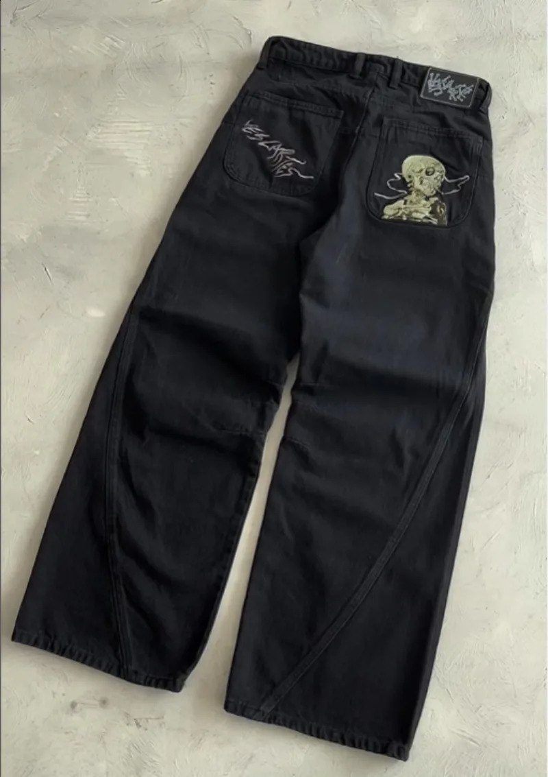 Black embroidered skull jeans y2k hiphop goth fashion trend high waist straightleg casual 2025 250821