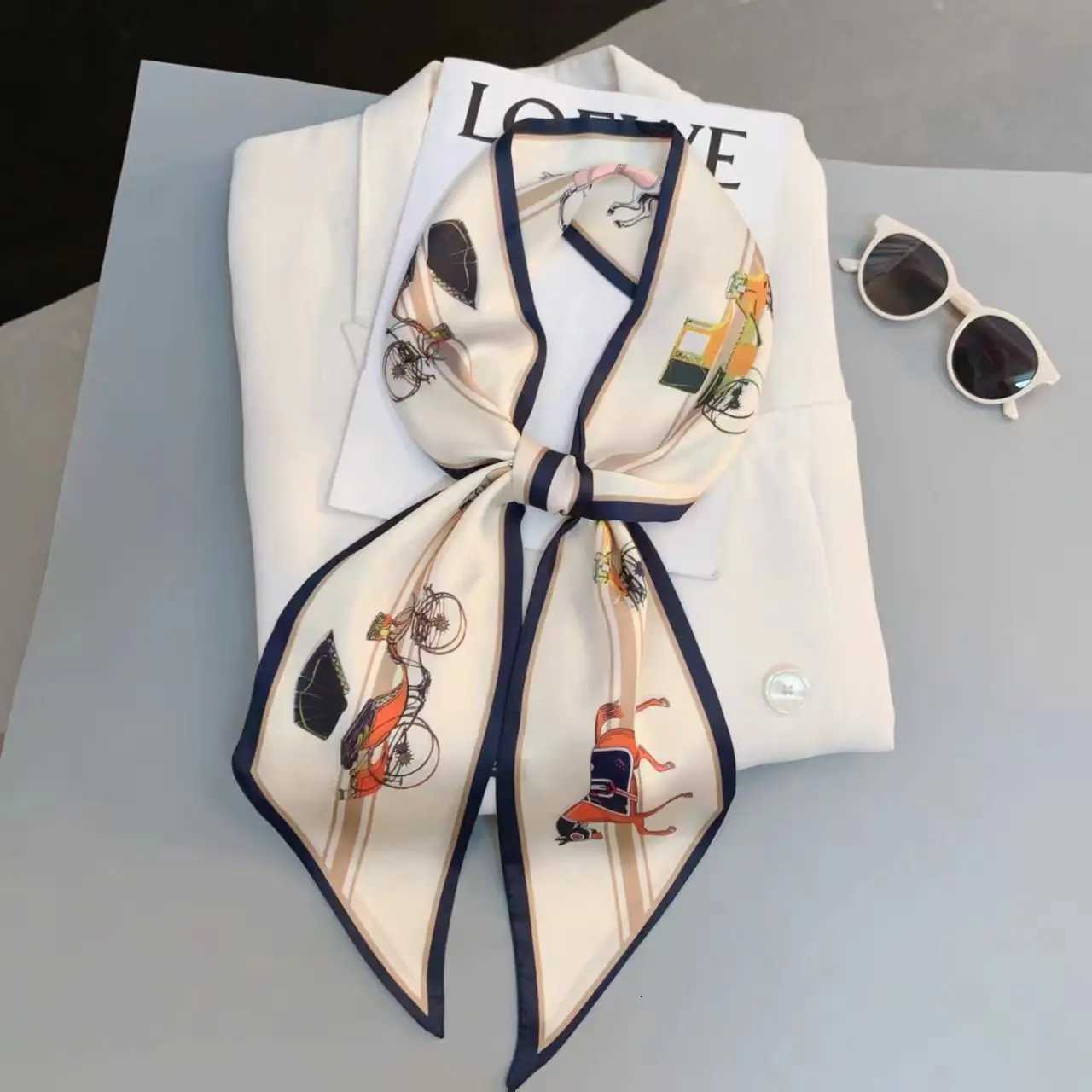Luxury Design Long Silk Scarf Women Summer Fashion Bag Handle Ribbon Ladies Horse Print Headband Small Hair Scarves Female XJ250822