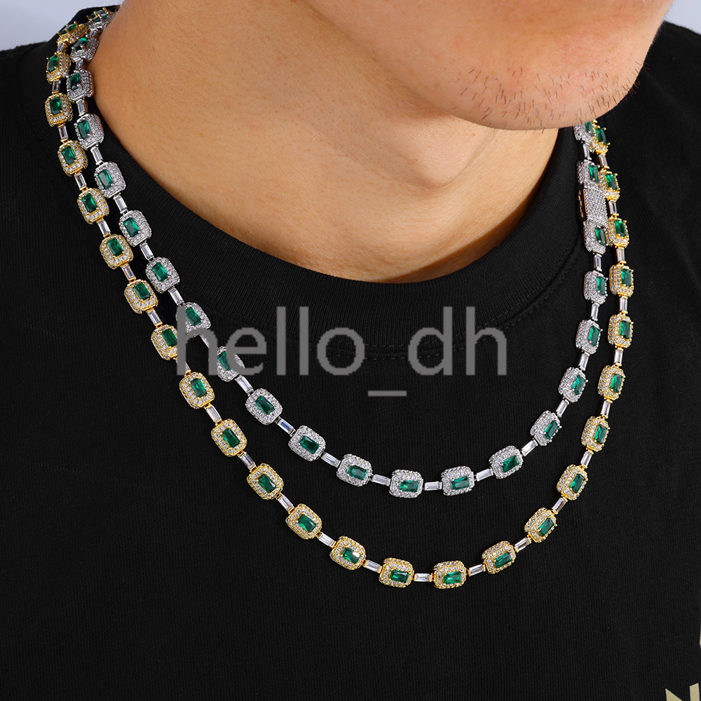 New Style Bling Baguette Diamond Link Chain Silver Plated Brass Micro Pave Emerald moissanite Chain Necklace for Women Jewelry