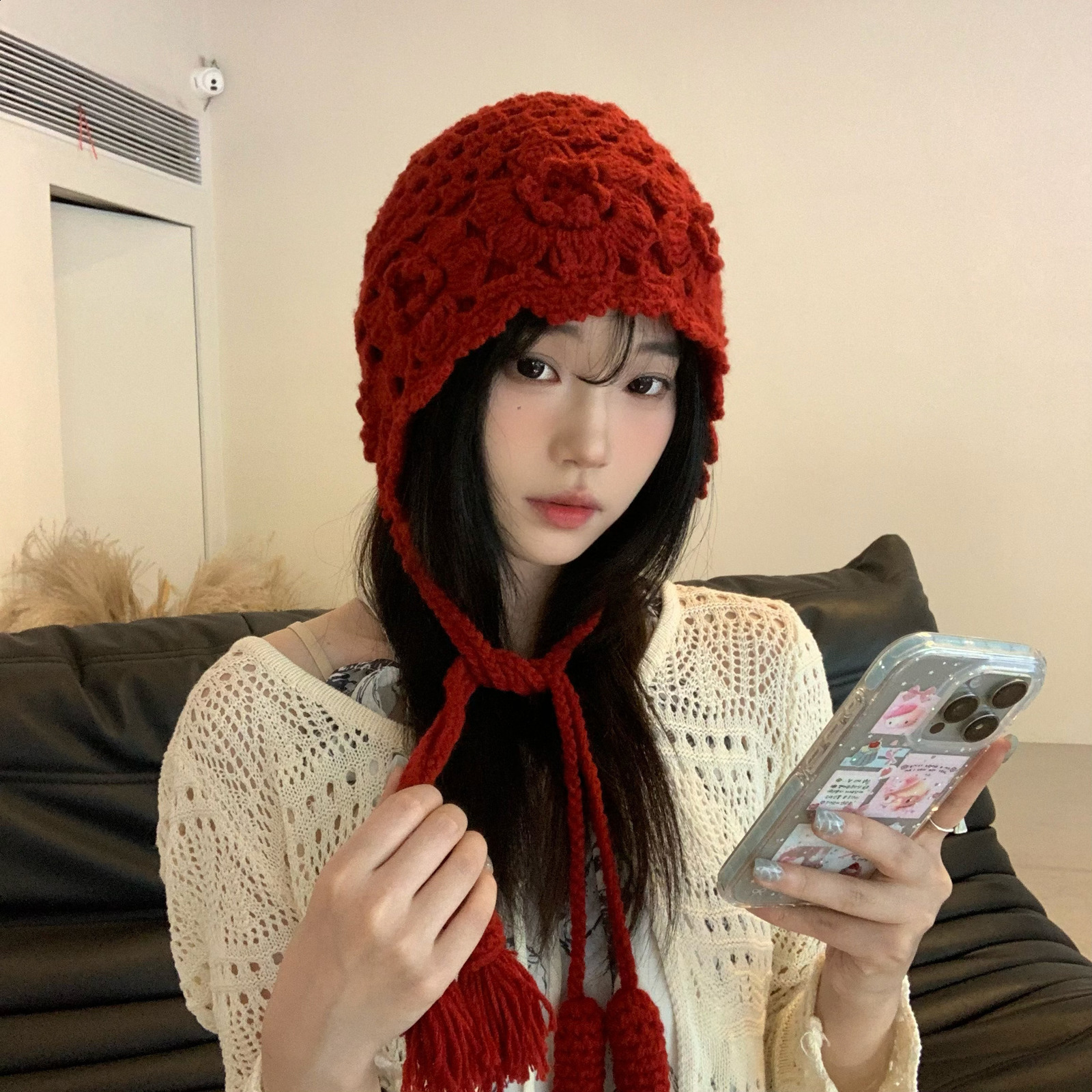 Ethnic Style Handmade Crochet Hat for Women Autumn and Winter Floral Hollow Knitted Hat Travel Photo Pullover Yarn Hat