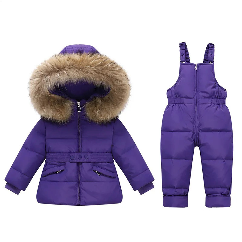OLEKID Winter Children Girls 2pcs Clothes Set Real Fur Girls Down Jacket Baby Girl Jumpsuit Kids Overalls Outerwear Coat 250821