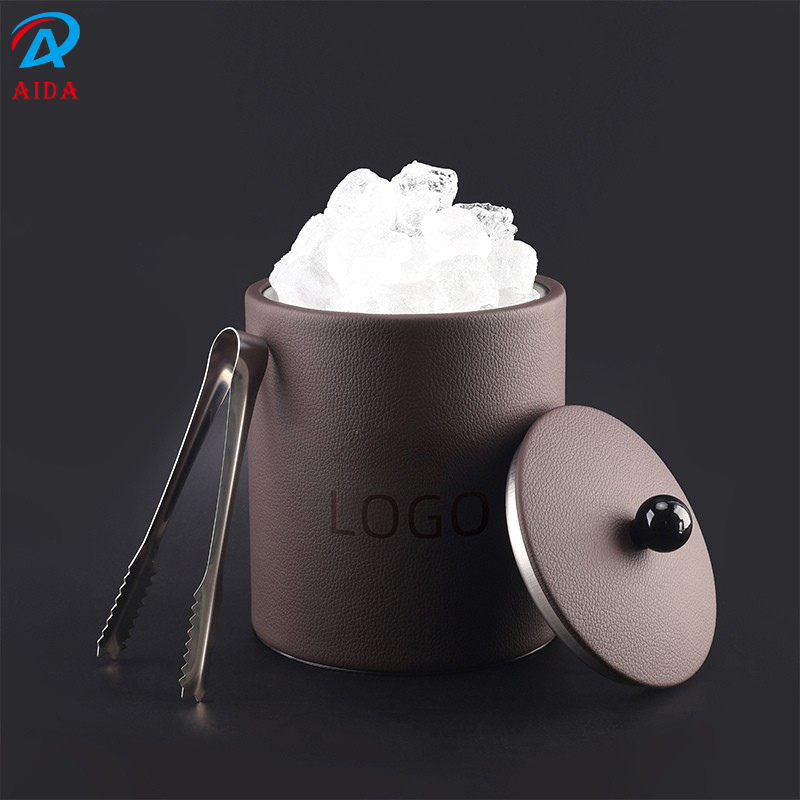 Portable Round Leather Ice Storage Container with Stainless Inner Bowl Suitable for Hotel, Restaurant and Home Usage - Engraving Available
