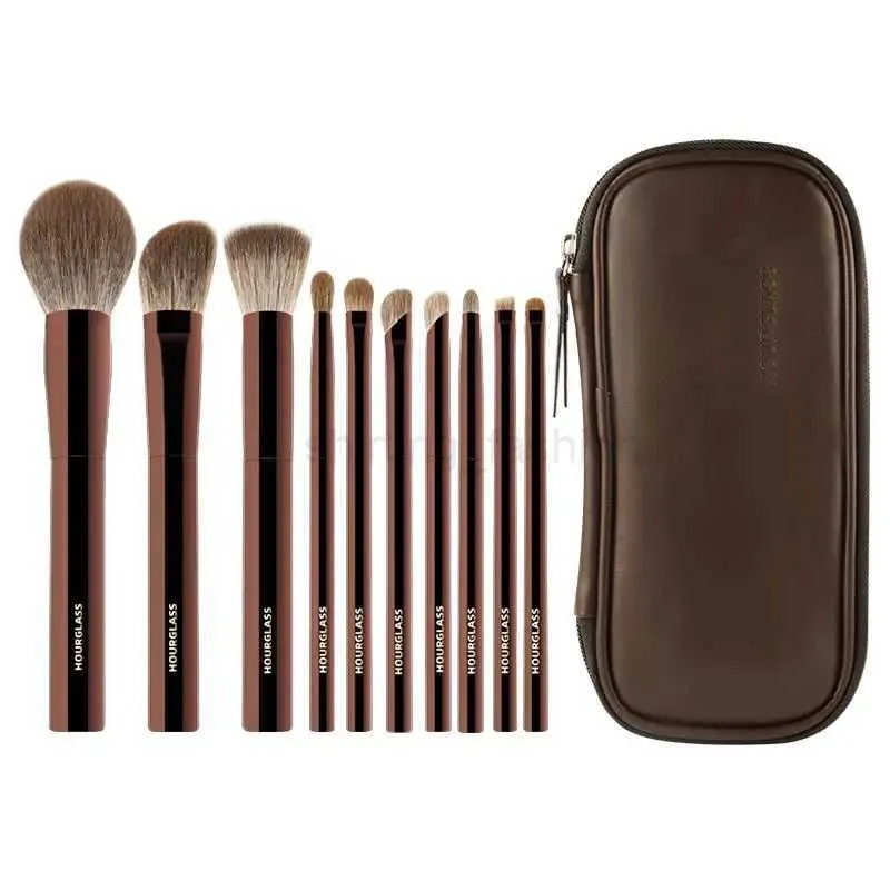 Hourglass Makeup Brush-Makeup brush set portable 10 pieces animal hair+leather material brush bagPowder brush+eye+concealer