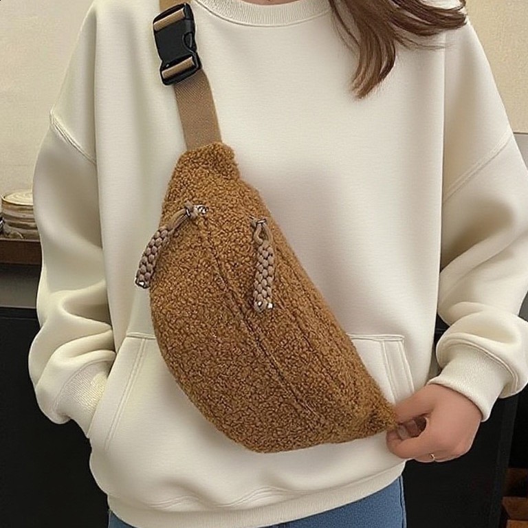 2024 Autumn Winter New Teddy Fleece Plush Bag Large Capacity Korean Style Crossbody Bag Casual Waist Bag Chest Bag