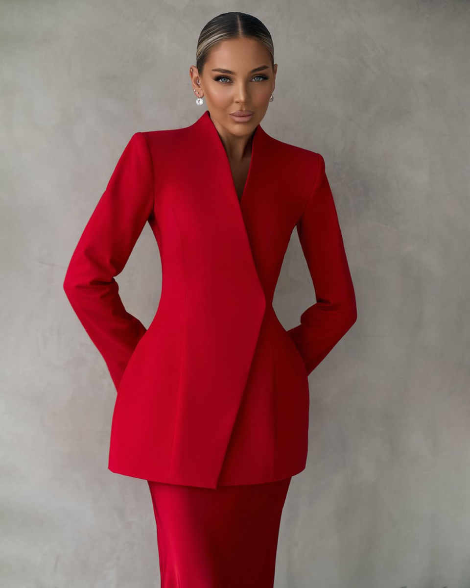 Red Wedding Women Blazer Dress 2 Pieces Sexy V Neck Jacket Skirts Coat Formal Office Lady Guest Prom Customized