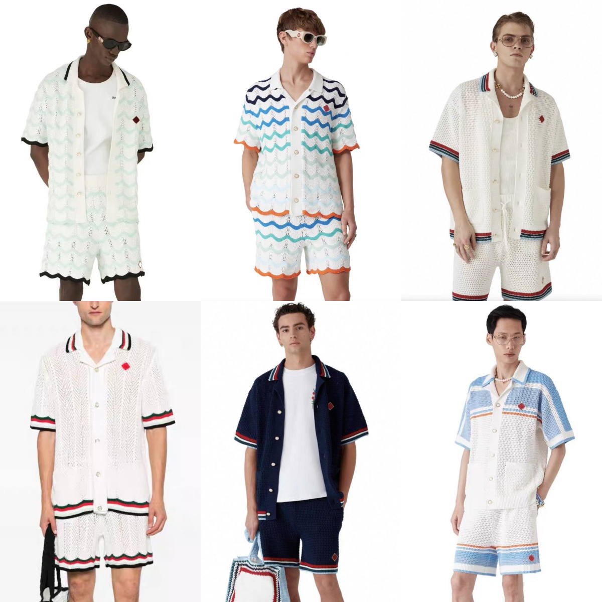 25ss casabalnc top quality new wave weave hollow out lapel knitted cardigan shirt sweater coats casual men and women models designer loose knit straight shorts Set tn