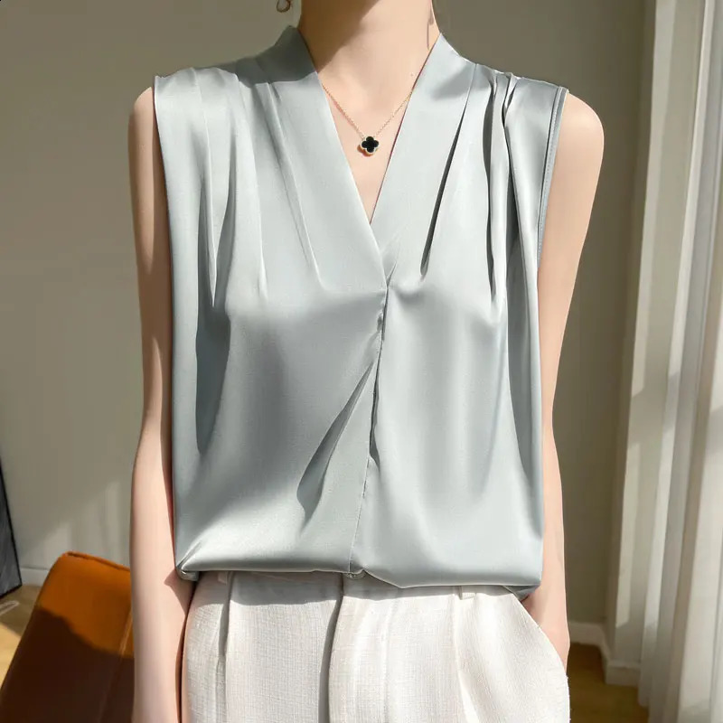 Womens Tops Blouses Solid Color White Satin Blouse Office Shirt Blusas Sleeveless Women Shirts Black White Female YTM A31250821
