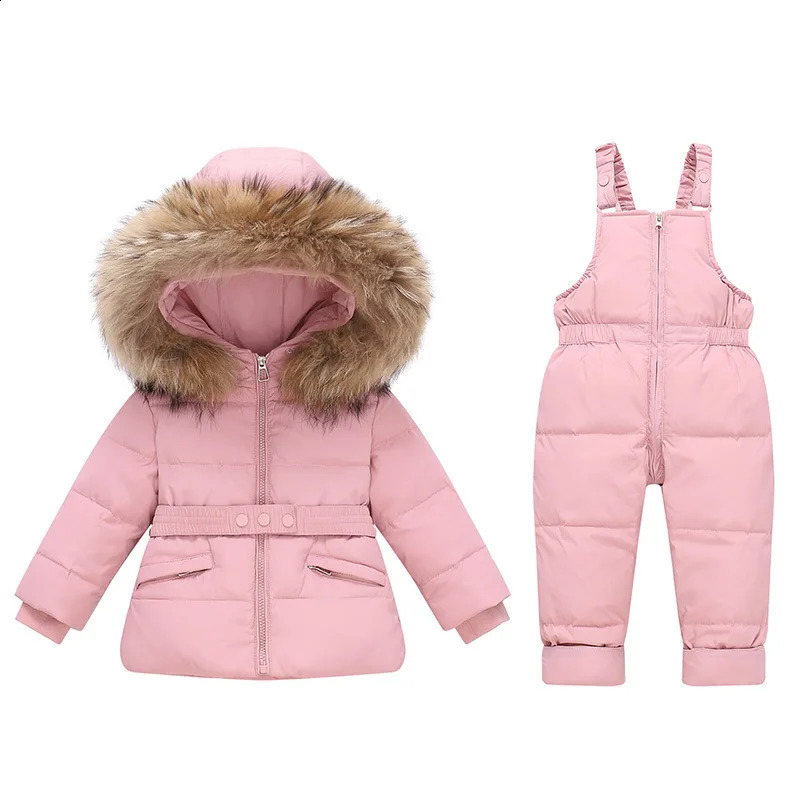 OLEKID Winter Children Girls 2pcs Clothes Set Real Fur Girls Down Jacket Baby Girl Jumpsuit Kids Overalls Outerwear Coat 250821