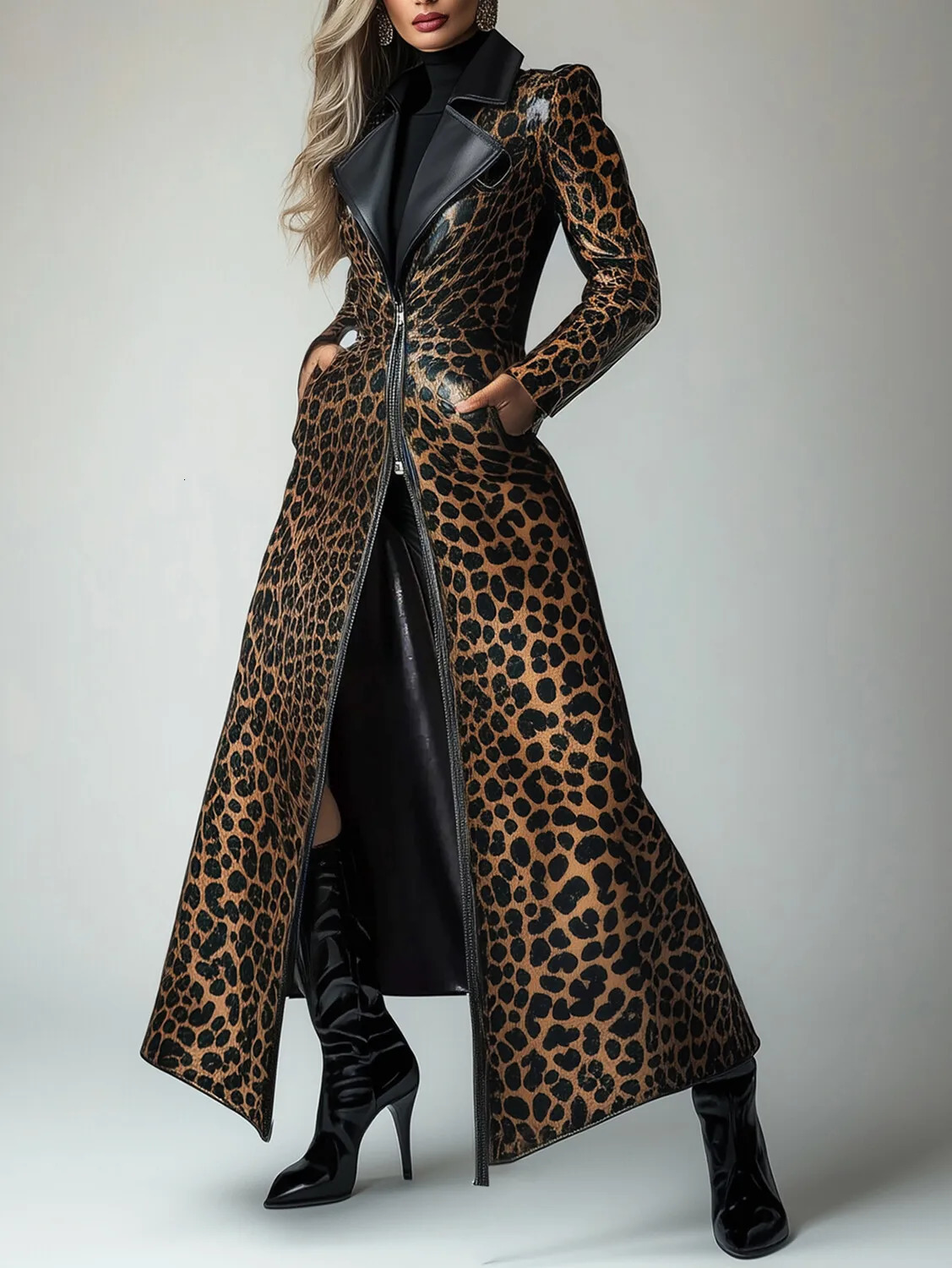 PU Leather Leopard Pattern Zipper Pocket Trench Coat 250822