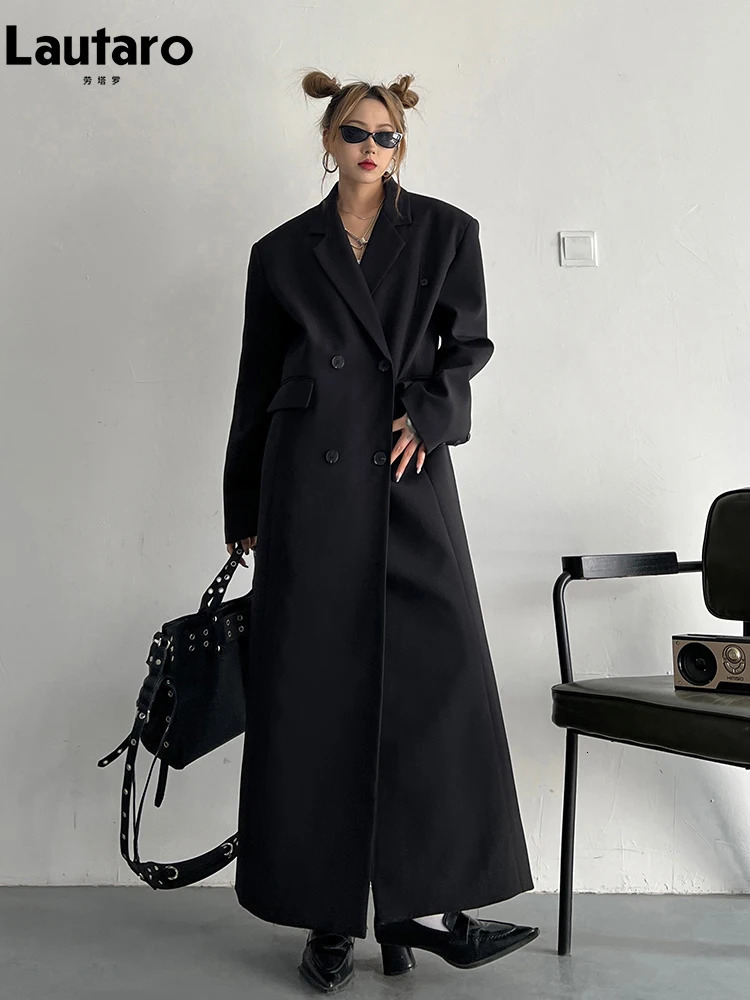 Lautaro Spring Autumn Long Grey Black Trench Coat for Women Double Breasted Loose Casual Korean Fashion Clothing Blazer 250822