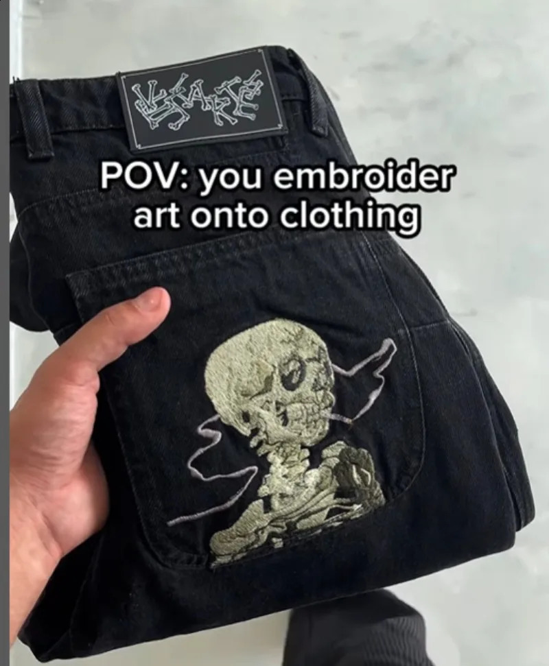 Black embroidered skull jeans y2k hiphop goth fashion trend high waist straightleg casual 2025 250821
