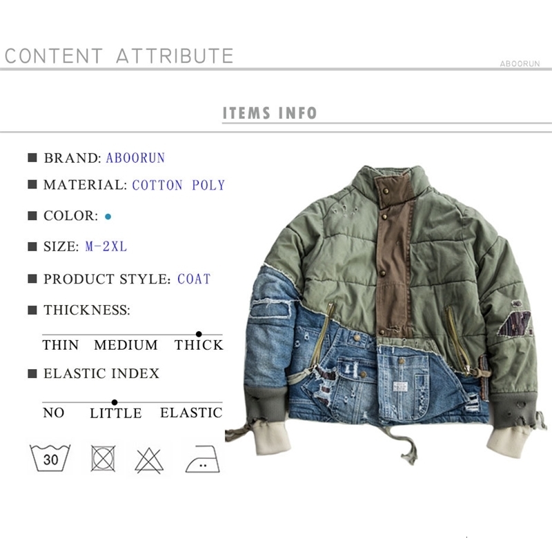 ABOORUN Mens Hi Street Hole Patchwork Denim Jacket Streetwear Thick Down Cotton Jean Coat for Male 250821