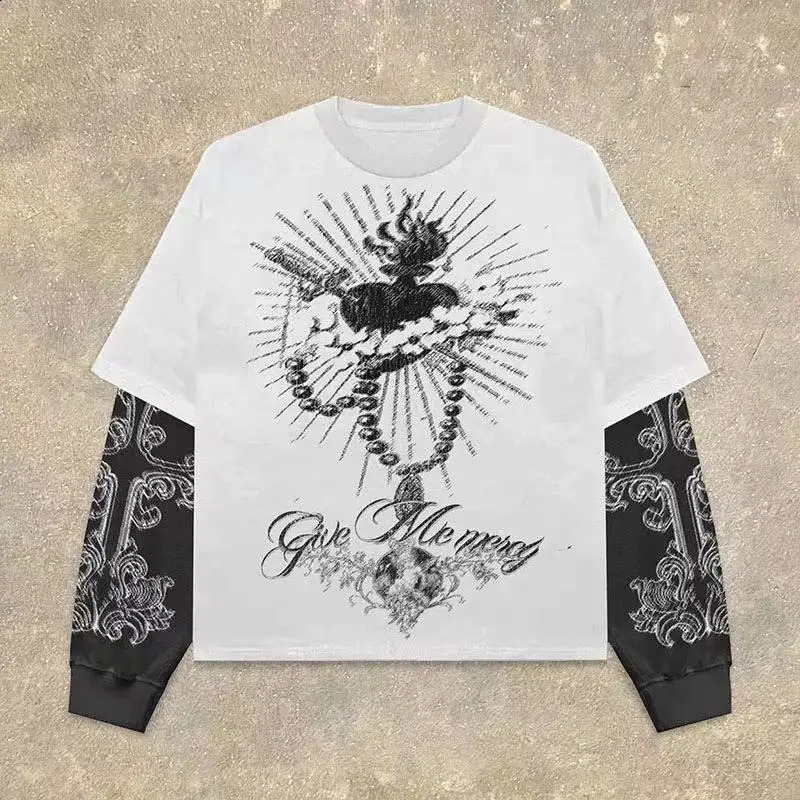 Gothic Two Piece Long Sleeve Red Eye Pattern Spliced T Shirt Autumn Select Dark Punk Fashion Cotton Tops 250822