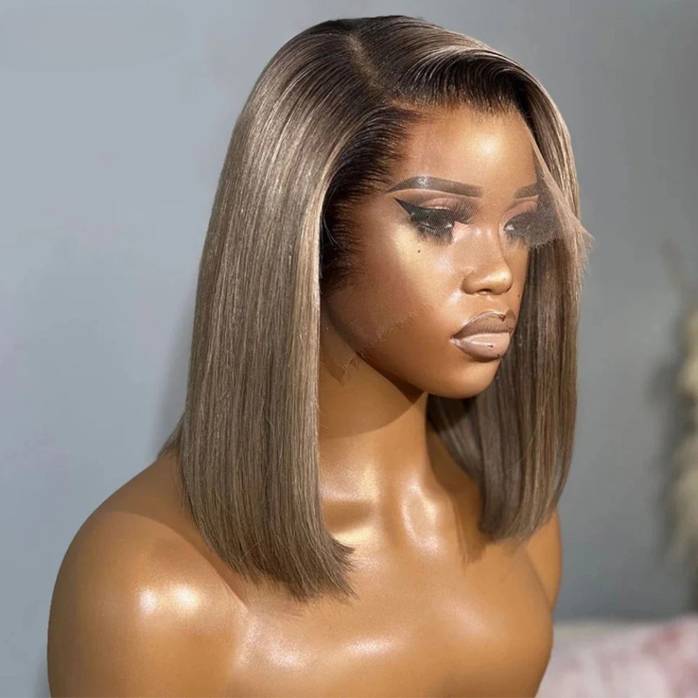Ombre Ash Blonde With Brown Roots Colored Short Bob Wig 13x4 Lace Front Wig 180% Density Straight Lace Frontal Wig Human Hair Ready To Wear For Black 