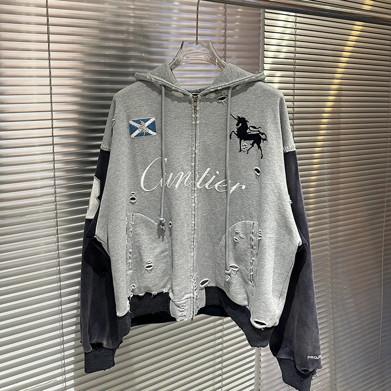 Best Quality Cotton Patchwork Embroidery Hoodie Men Women Hip Hop Damaged Hole Splicing Zipper Coats