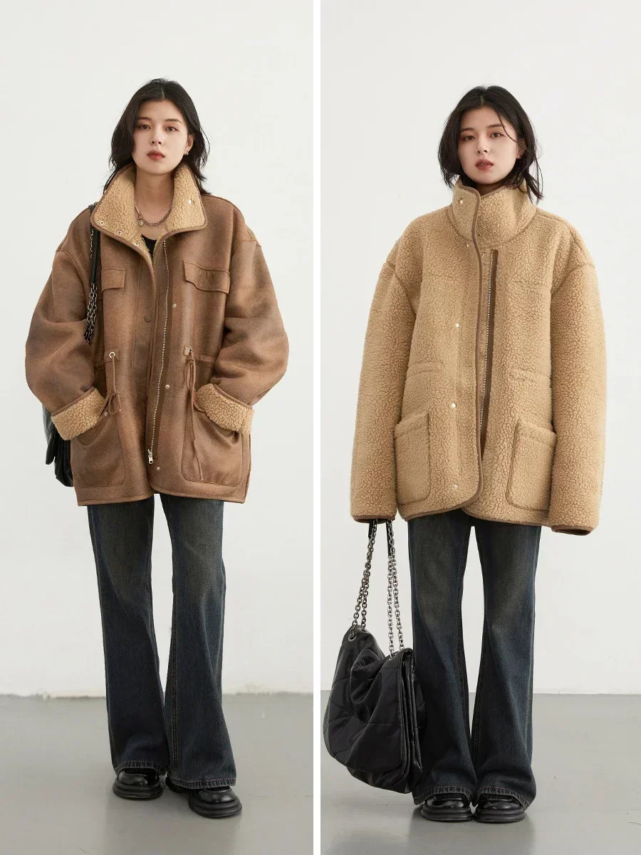 CHIC VEN Womens Jackets Thick Warm Solid Suede Reversible Jacket Motorcycle Outer Coat Loose Female Overcoat Winter Autumn 250822