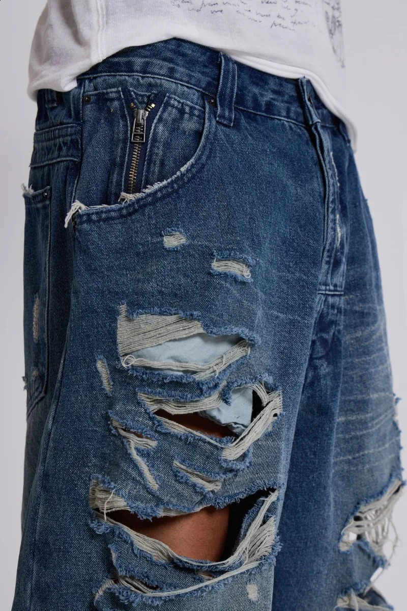 Jaded London Retro Jeans HipHop Hole n Washed Men Y2K Harajuku Gothic Couple Casual Joker Street Wide Trousers 250821