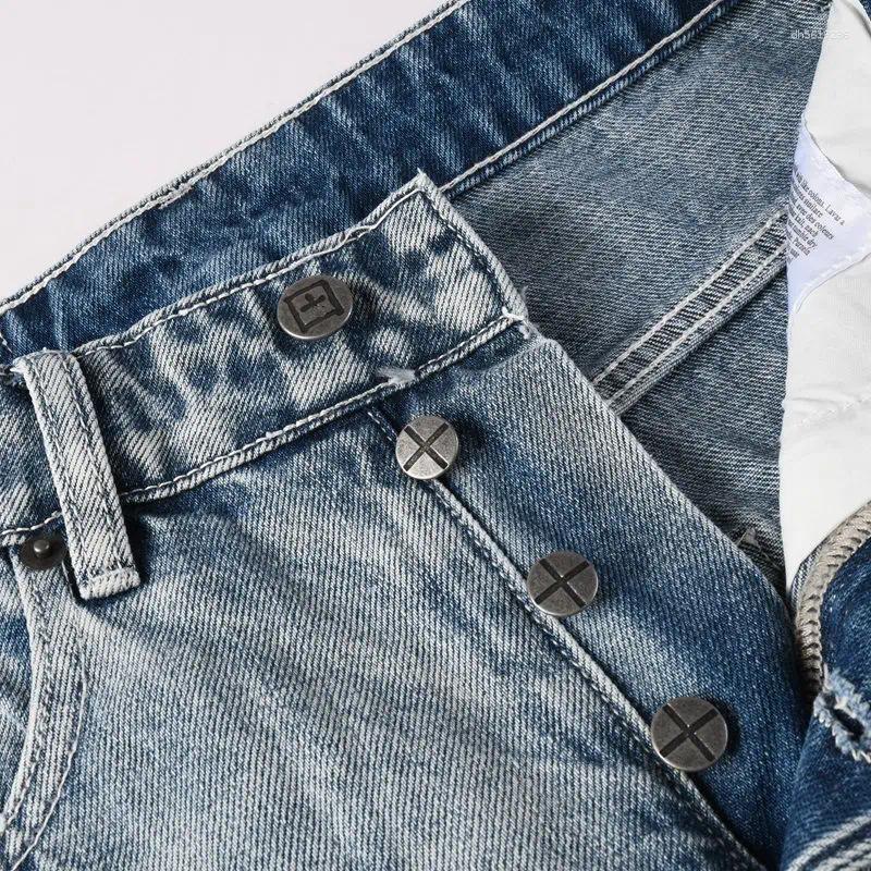 Men's Jeans 90s High-Street Reloaded! Ksub Ripped Embroidered Lettering & High-Rise Button Durable Denim