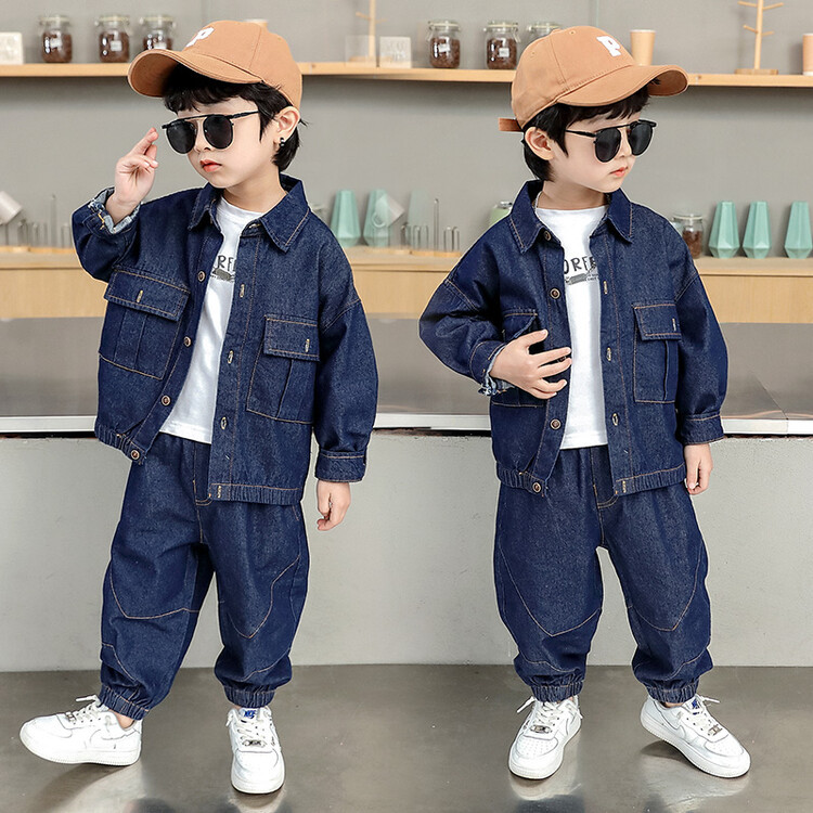 2025 New Boys' Denim Set Cool Solid Color Denim Jacket Kids Fashion Outfit for Toddlers and Young Children blue