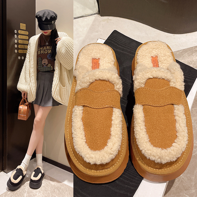 Free shipping women's thick soled velvet slippers for autumn and winter 2025 designer's new oversized Baotou snow cotton slippers ginger yel