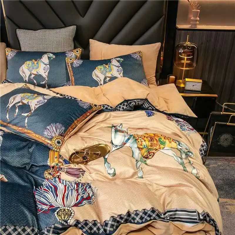 5pcs Designer Bedding Set Thick Warm Winter Velvet Luxury Bed Fabric King Size European Court Style Covers Flat and Fitted Bed Sheet G250822