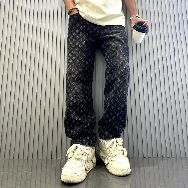 Jacquard Pattern Denim Pants Male Straight Fitting Baggy Bottoms Distressed Wide Jeans For Men 250821