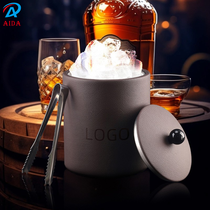 Portable Round Leather Ice Storage Container with Stainless Inner Bowl Suitable for Hotel, Restaurant and Home Usage - Engraving Available