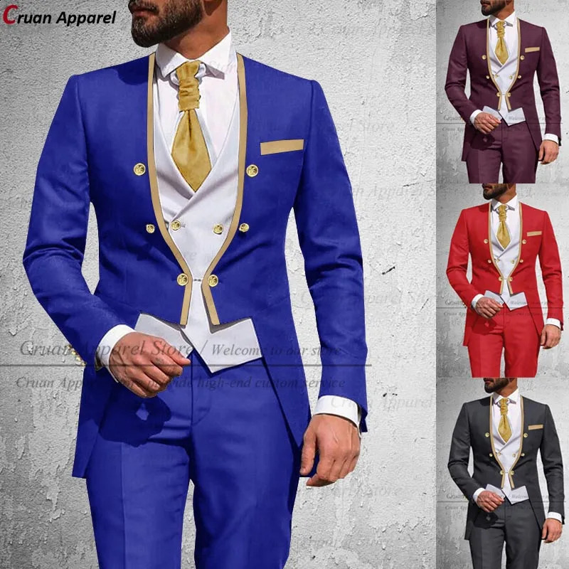 Latest Royal Blue Suit Men 3Pcs Slim Fit Wedding Man Groom Tuxedo Double Breasted Gold Trim Jacket Vest Pants Set Tailcoat 250822