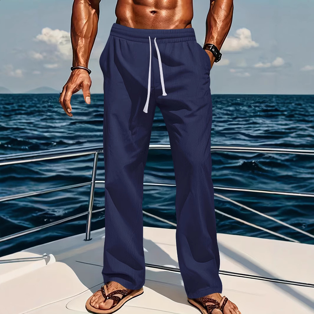 Mens Linen Long Pants Summer Thin Cotton Linen Casual Loose Wide-Leg Sports Pants