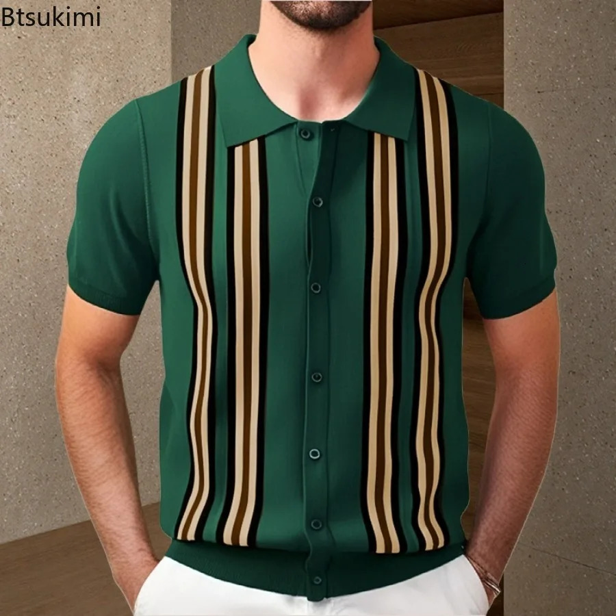 2025 Mens Summer Short Sleeve Polo Shirts Knitted Lapel Cardigan Top Stripe Stitching Men Polo Tee Shirt Fashion Camisa Hombre 250822