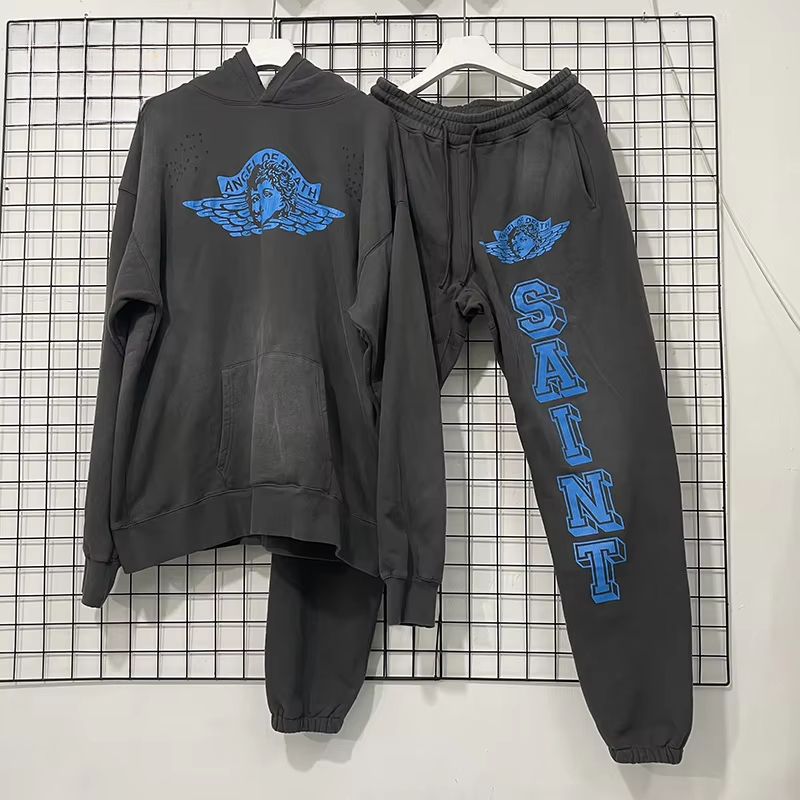 Autumn Winter Cotton Oversized Vintage Washed Black Damaged Hole Pullover Hooded Blue Letters Print Hoodie