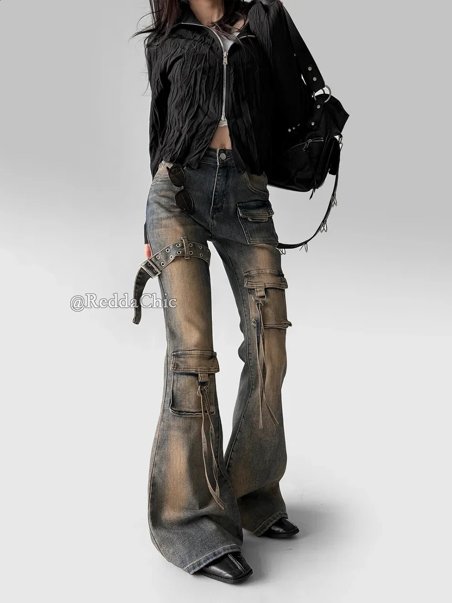 REDDACHiC Women Low Waist Flare Cargo Jeans Vintage Washed Belted Fitted Bootcut Pants Bell Bottoms Do Old Y2k Korean Streetwear 250911
