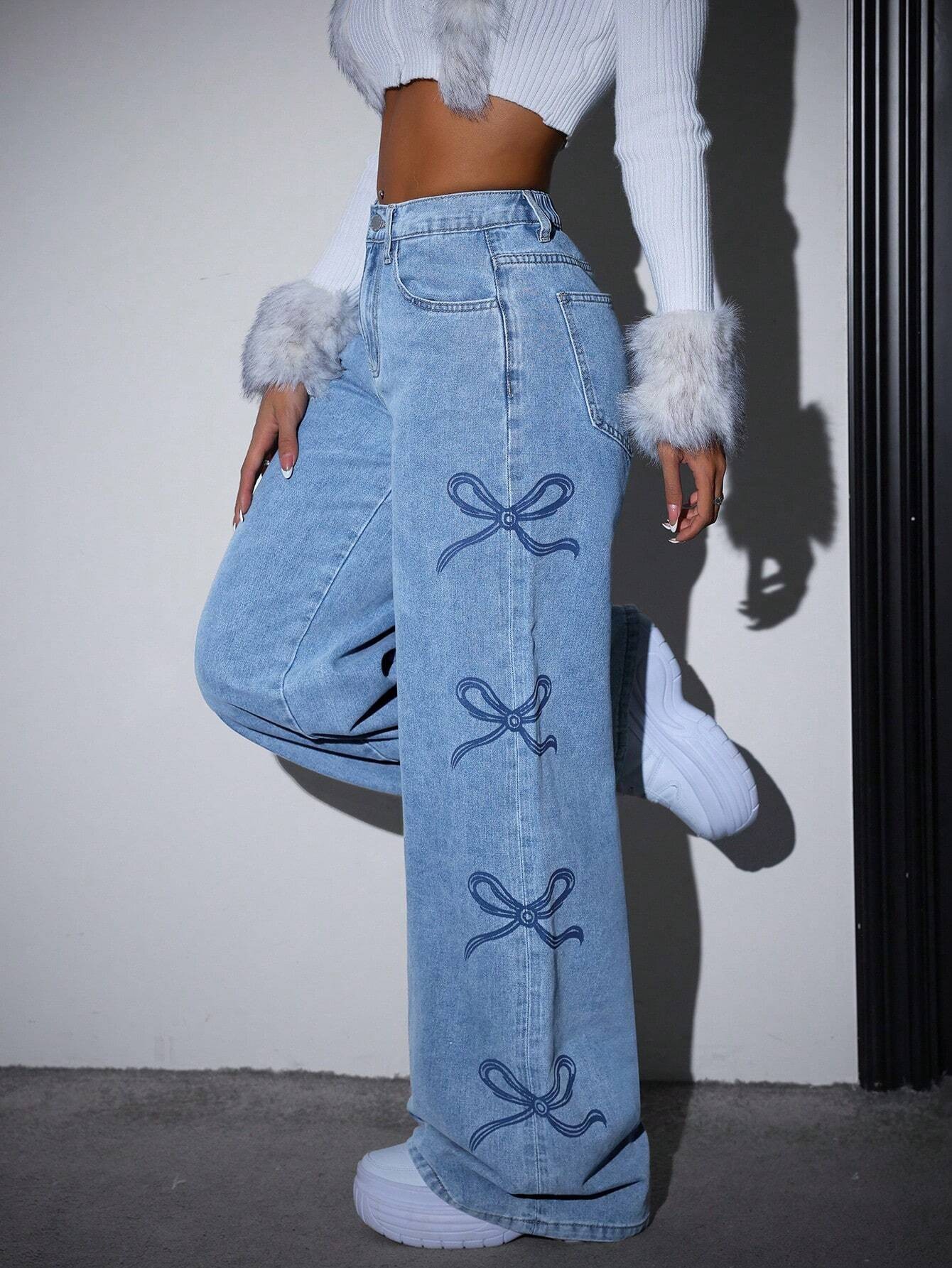 Rockmore Fashion All-match Printed Jeans Y2k Aesthetic Denim Long Trousers Vintage High Street Loose Hip Hop Wide-leg Pants 240806