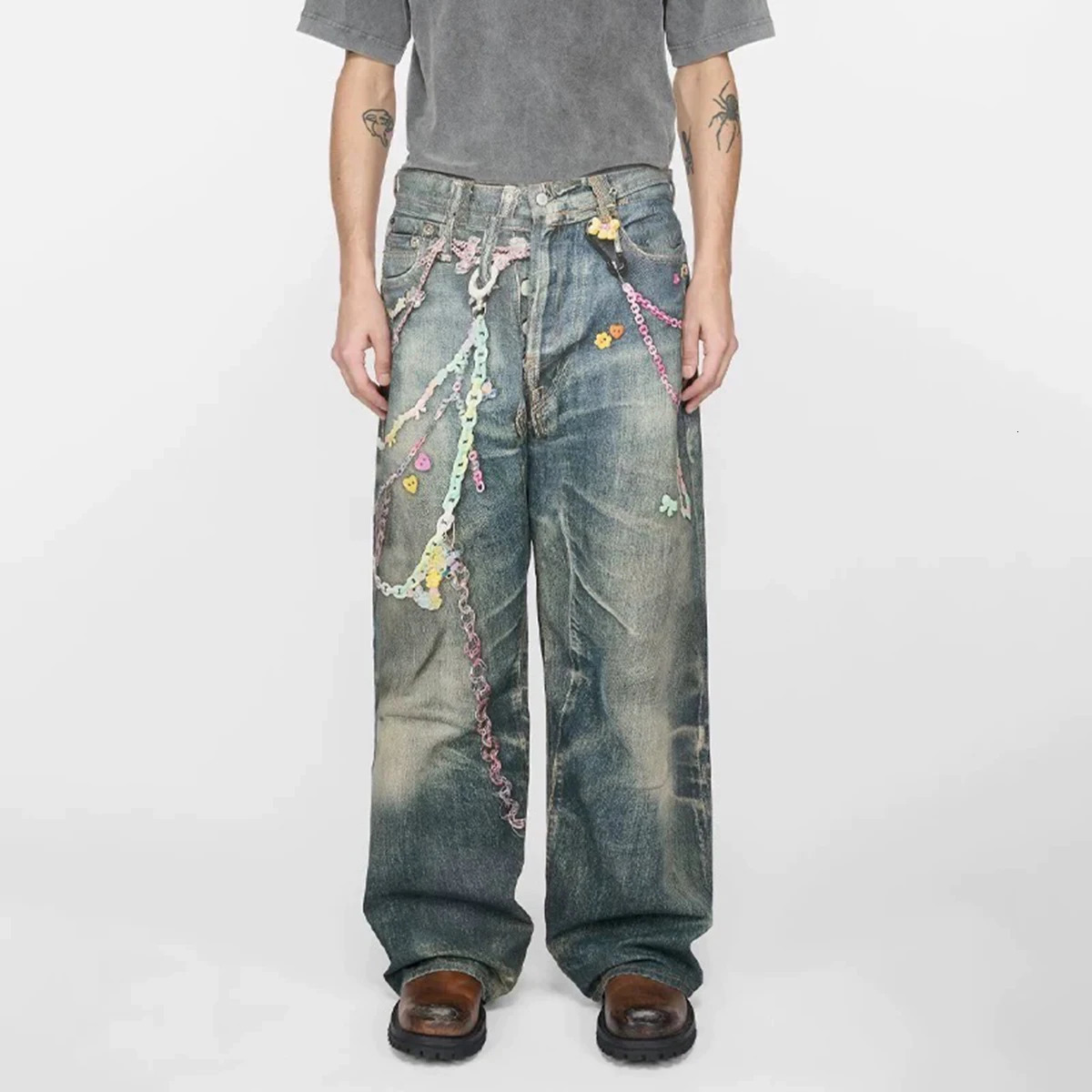 Vintage 3D Print Color Chain Washed Baggy Jeans for Men and Women Straight Harajuku Loose Denim Trousers Oversized Cargo Pants 250822