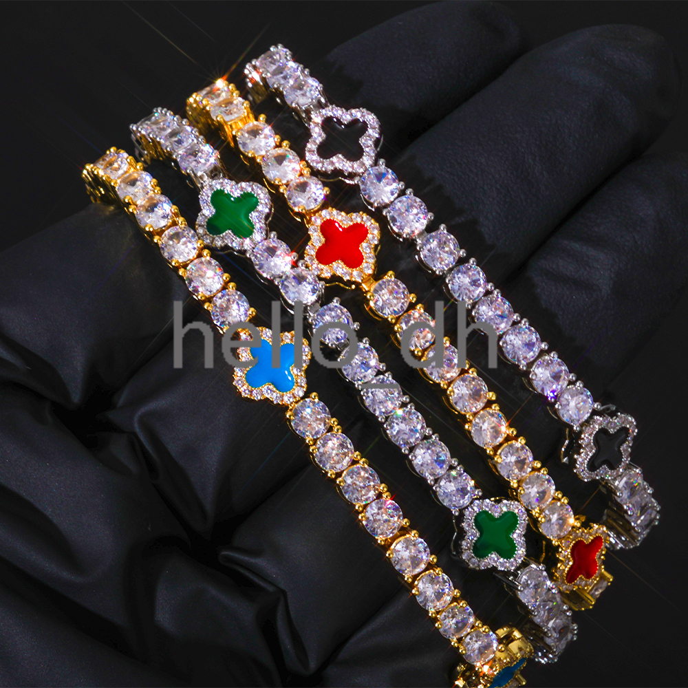 4mm Tennis Chain Necklace 925 Silver Iced Out VVS Moissanite Multicolor Clover Leaf Hip Hop Jewelry