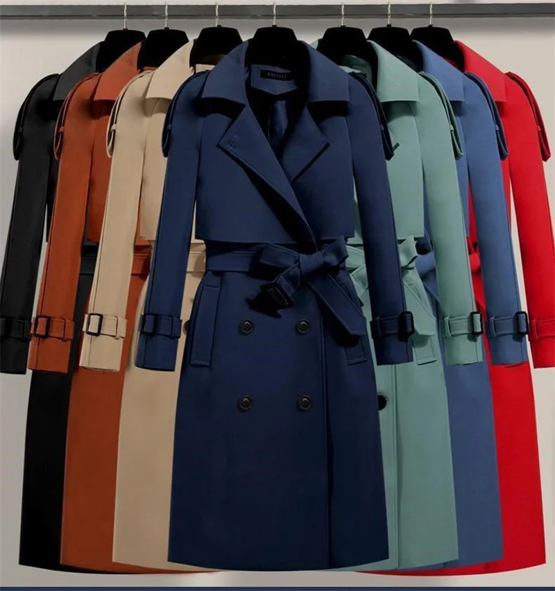 Women Long Trench Coat Fashion Windproof Double Breasted Coats Green Belt Windbreaker Spring Autumn Female Outerwear 250822