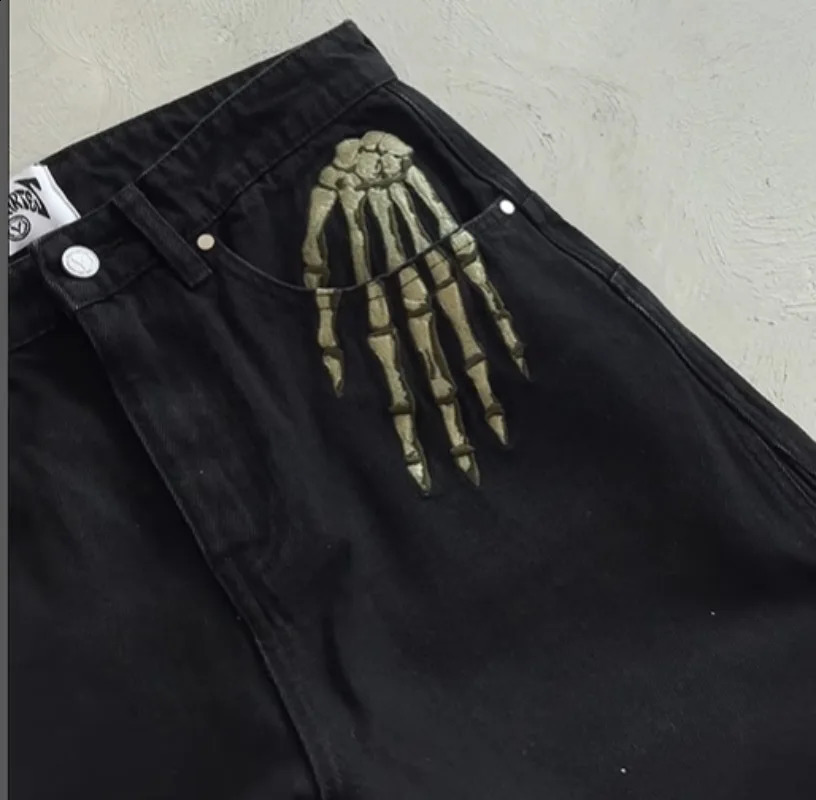 Black embroidered skull jeans y2k hiphop goth fashion trend high waist straightleg casual 2025 250821