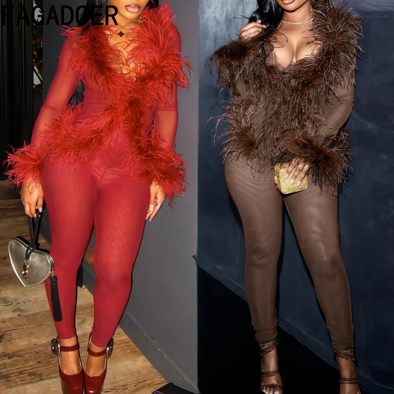 FAGADOER Sexy Mesh Fur Patchwork 2 Pieces Set for Woman Hollow Long Sleeves Tops Leggings Matching Suit Female Party Clubwear 250822