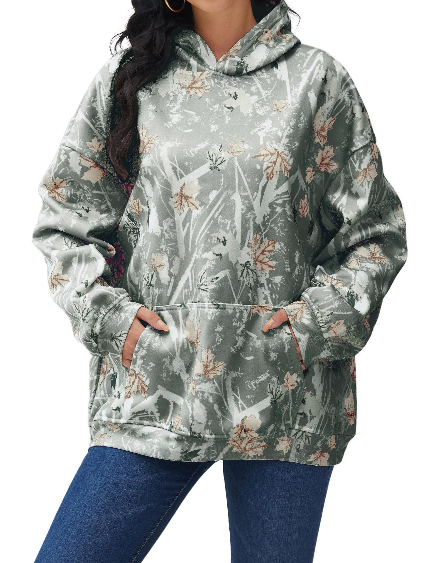 Autumn new men's and women's camouflage hoodie maple leaf print sports hooded sweater with pockets
