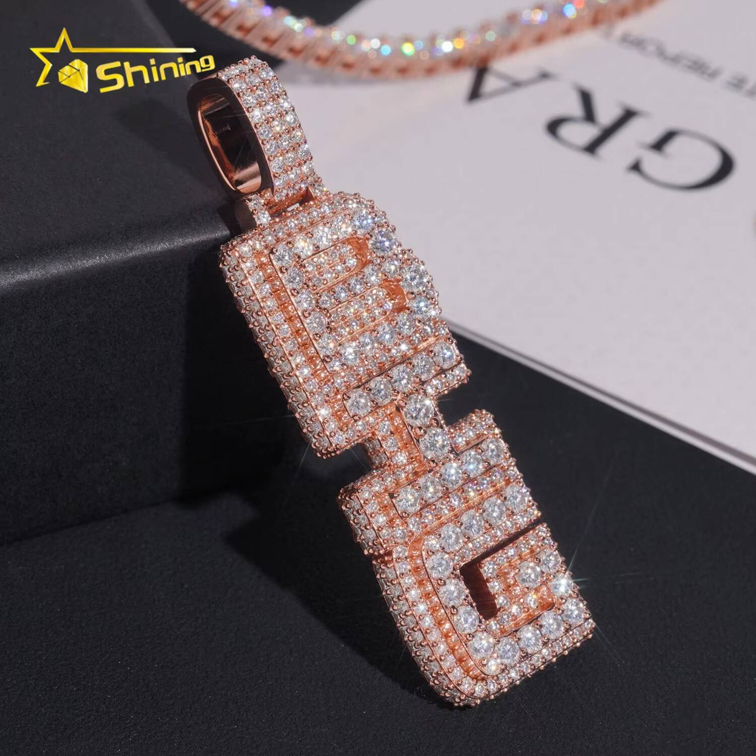 Moissanite Bling Jewelry 925 Sterling Silver Rose Gold Vertical Letter Hip Hop Custom Moissanite Pendant for Tennis Chain