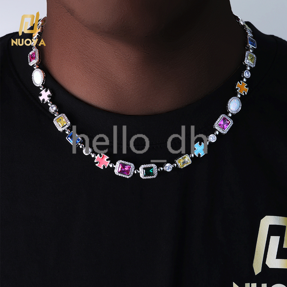 10mm Custom Rainbow Geometric Bling moissanite Stone Chain Necklace Multicolor Cross Round Oval Synthetic Gemstone Choker for Women Men