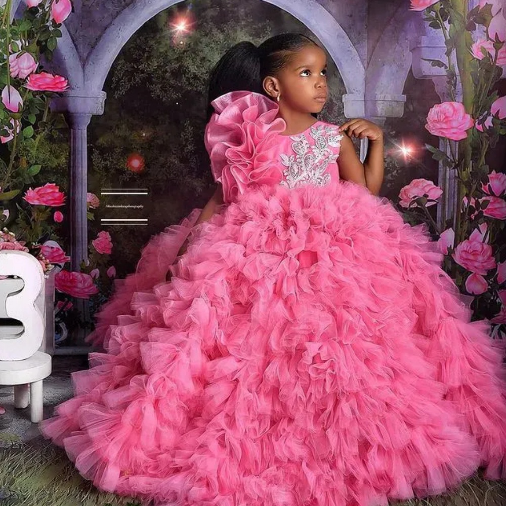 Luxurious Hot Pink Tutu Flower Girl Dresses Lace Appliques Beaded Tiers Tulle Lilttle Kids Birthday Pageant Weddding Gowns Kids Dress