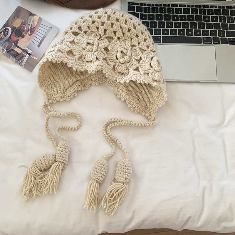 Ethnic Style Handmade Crochet Hat for Women Autumn and Winter Floral Hollow Knitted Hat Travel Photo Pullover Yarn Hat